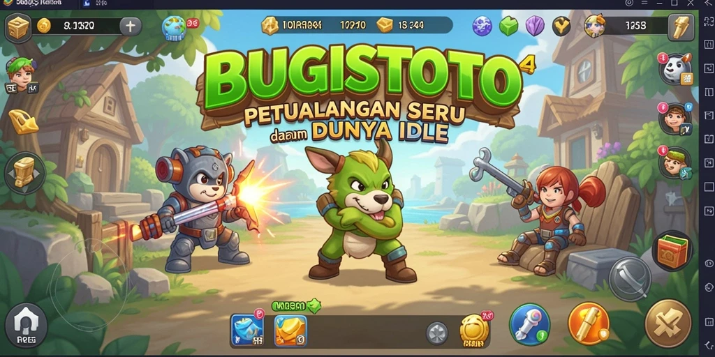 Screenshot gameplay BUGISTOTO menunjukkan karakter yang mengumpulkan sumber daya dalam mode Idle.