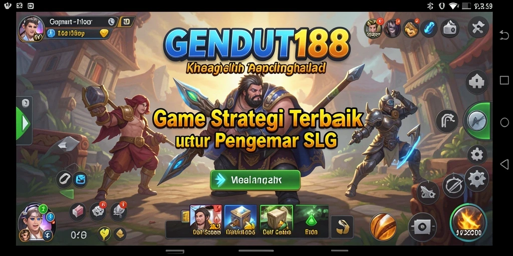 Tampilan gameplay GENDUT188 dengan pertarungan dan pembangunan kerajaan.