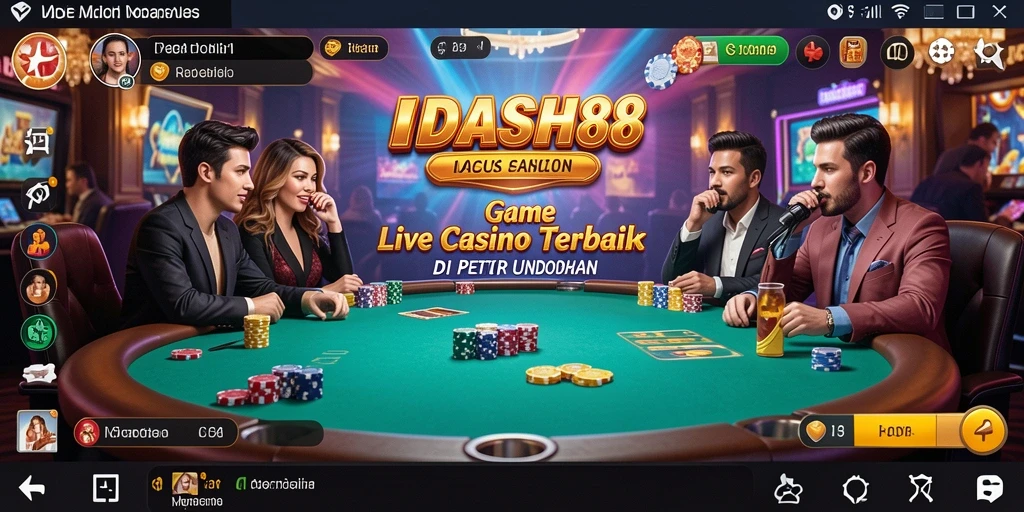 Screenshot gameplay IDCASH88 menampilkan dealer profesional dan suasana permainan kasino yang nyata.