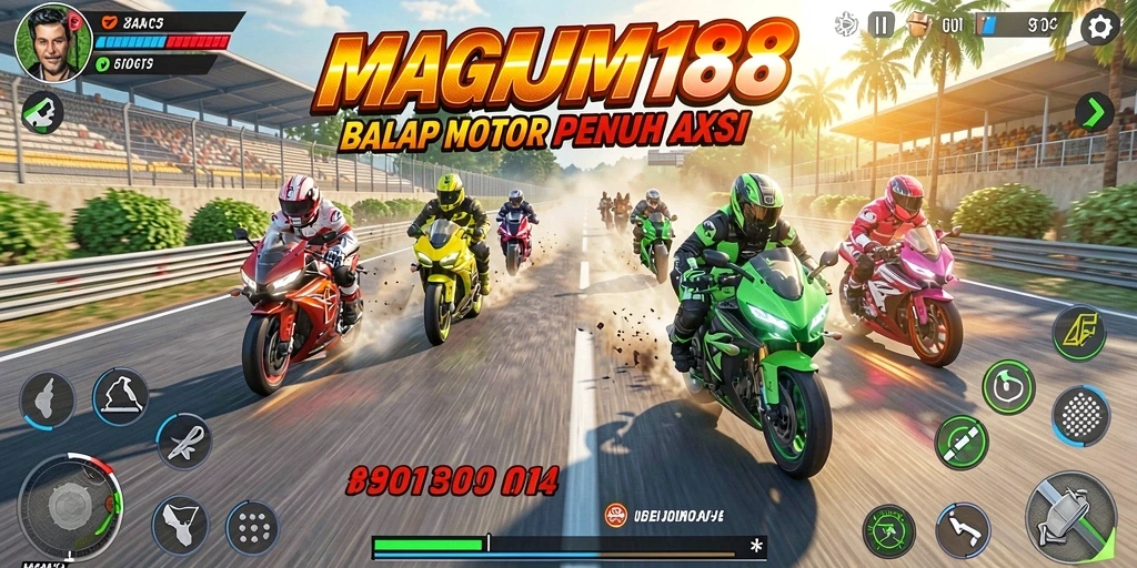 Screenshot gameplay MAGNUM188 dengan aksi balap motor yang mendebarkan.