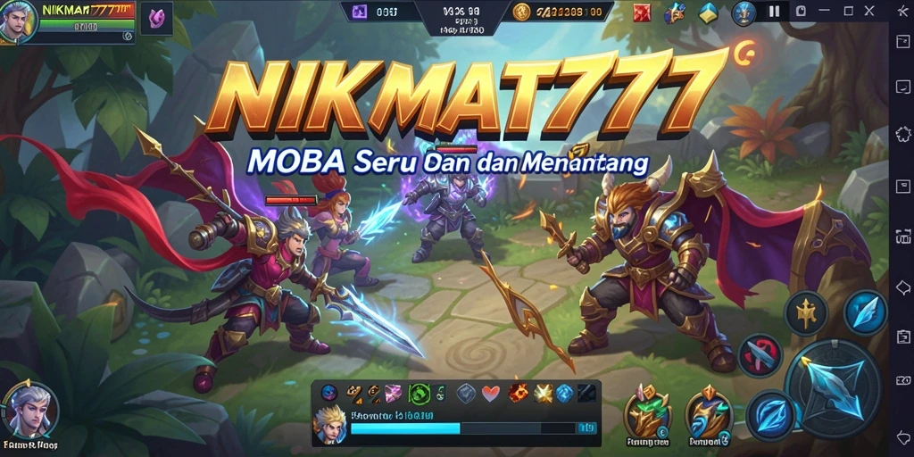 Screenshot utama NIKMAT777 menampilkan aksi pertempuran seru di arena MOBA.